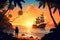 tropical island with view of the sunset, and a pirate standing on the shoreline