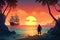 tropical island with view of the sunset, and a pirate standing on the shoreline