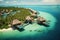 Tropical island with water bungalows at Maldives, Perfect aerial landscape, luxury tropical resort or hotel with water villas and