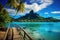 Tropical island with water bungalows and palm trees. Bora Bora Island, French Polynesia, AI Generated