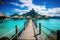 Tropical island with water bungalows and wooden jetty, Bora Bora Island, French Polynesia, AI Generated