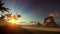 Tropical island with woman running on the beach at sunrise, tilt