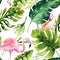 Tropical isolated seamless pattern with flamingo. Watercolor tropic drawing, rose bird and greenery palm tree, tropic