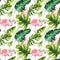 Tropical isolated seamless pattern with flamingo. Watercolor tropic drawing, rose bird and greenery palm tree, tropic