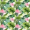 Tropical isolated seamless pattern with flamingo. Watercolor tropic drawing, rose bird and greenery palm tree, tropic