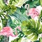 Tropical isolated seamless pattern with flamingo. Watercolor tropic drawing, rose bird and greenery palm tree, tropic