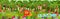 Tropical jungle forest landscape with cute animals, web banner with lion, monkeys and toucan in cartoon style, zoo