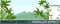 Tropical jungle landscape. Plants shrubs and palms. Cartoon flat style. Mountains on horizon. Background illustration