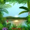 Tropical jungle landscape with river and mountains