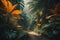 Tropical jungle path in the misty forest. generative ai