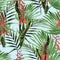 Tropical jungle plants, orange flowers and palm leaves on blue background.