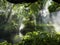 Tropical jungle with river and sun  beam  and foggy in the garden