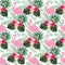 Tropical jungle seamless pattern with flamingo bird, hibiscus and plumeria flowers and palm leaves, flat design,
