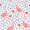 Tropical jungle seamless pattern with hand drawn flamingo bird and hibiscus flowers. Summer fabric, floral flat design