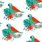 Tropical jungle seamless pattern with parrot bird, palm leaves and hibiscus flowers. Flat design, vector illustration