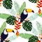 Tropical jungle seamless pattern with toucan bird, heliconia and plumeria flowers and palm leaves, flat design,