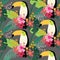 Tropical jungle seamless pattern with toucan bird, hibiscus flowers and palm leaves. Flat design, vector illustration