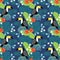 Tropical jungle seamless pattern with toucan bird, hibiscus flowers and palm leaves. Flat design, vector illustration