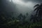 tropical jungle with thick mist, surrounded by thunderstorm