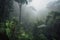 tropical jungle with thick mist, surrounded by thunderstorm