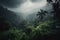 tropical jungle with thick mist, surrounded by thunderstorm