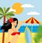 Tropical landscape with beach , sea, palm trees and girl in bikini . Summer background with sea, palm trees, beach umbrella, surfb