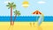 Tropical landscape with beach , sea and palm trees. Summer background with sea, palm trees, beach umbrella, surfboard. animation