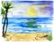 Tropical landscape with beach, sea, palm trees, sun and little crabs. Beach paradise scenery background.