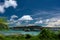 Tropical landscape of beach with turquoise clean water and blue sky