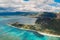 Tropical landscape with Le Morne mountain, ocean and beach at Mauritius island. Aerial drone view
