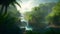 A tropical landscape with lush dense vegetation on the banks of a river in summer. AI generation
