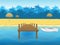 Tropical landscape with palm trees, a beach and a Marina with a boat. Paradise island. Blue sea. Cartoon style. Object for