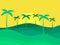 Tropical landscape with palm trees with sun. Silhouettes of palm trees on the hills. Summer time. Design of advertising booklets,