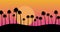 Tropical landscape with palm trees at sunrise and sunset. Animation of the movement of palm trees and the sun. 80s Retro style.