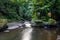 Tropical landscape. River and balinese temple in rainforest. Hindu religion. Soft focus. Slow shutter speed, motion photography.