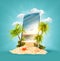 Tropical landscape on the screen of smartphone