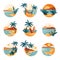 Tropical Landscape with Shining Sun and Sandy Beach with Palm Tree in Circle Vector Set