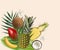 Tropical layout with fresh exotic fruits and green leaves on pale beige background