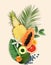Tropical layout with fresh exotic fruits and green leaves on pale beige background