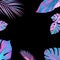 Tropical layout made of leaves in vibrant gradient holographic neon colors on black background. Flat lay. Minimal surreal summer