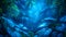 Tropical leaves against a mystical blue glow in jungle