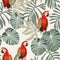 Tropical leaves, birds of paradise, parrot seamless realistic background.