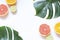 Tropical leaves and citrus summer frame on the white background. Vitamin C concept top view.