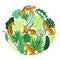 Tropical leaves and cute leopards around the circle. Wild concept.