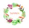 Tropical leaves, exotic flamingo birds, orchid flowers. Wreath border. Watercolor