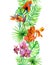 Tropical leaves, exotic parrot bird, orchid flowers. Repeating border. Water color frame