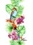 Tropical leaves, exotic parrot bird, orchid flowers. Seamless border. Water color frame