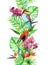 Tropical leaves, exotic parrot bird, orchid flowers. Seamless border. Watercolor stripe