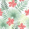 Tropical leaves and flowers. Delicate seamless pattern.