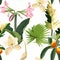 Tropical leaves with flowers. Seamless design with amazing palant with flowers.